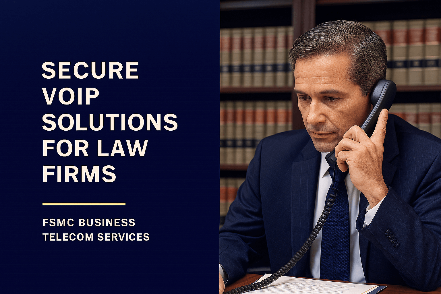 Secure VoIP Solutions for Law Firms with lawyer on phone for FSMC Business Telecom Services Blog.